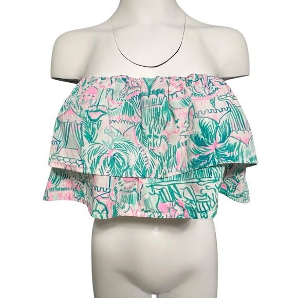 Lilly Pulitzer Lenora Strapless Cropped Crop Top Sz 10 Camelflage Print Lined - Picture 1 of 7